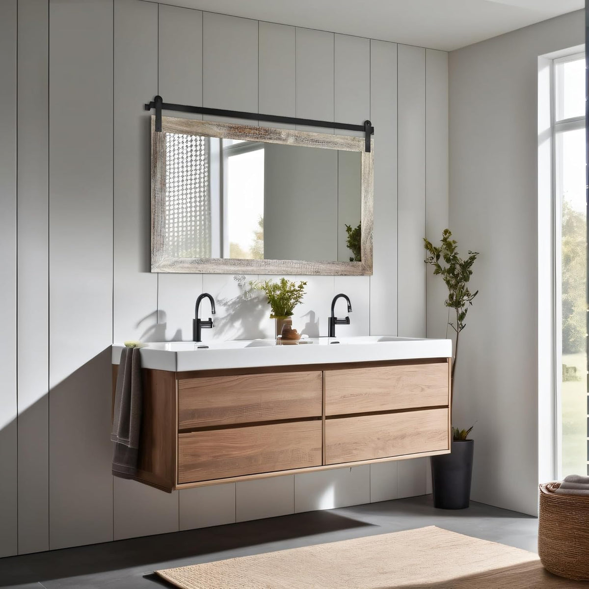 COGOOD Farmhouse Barn Door Mirror - 41" x 26" Rustic Wood Framed Wall Mirror for Bathroom, Living