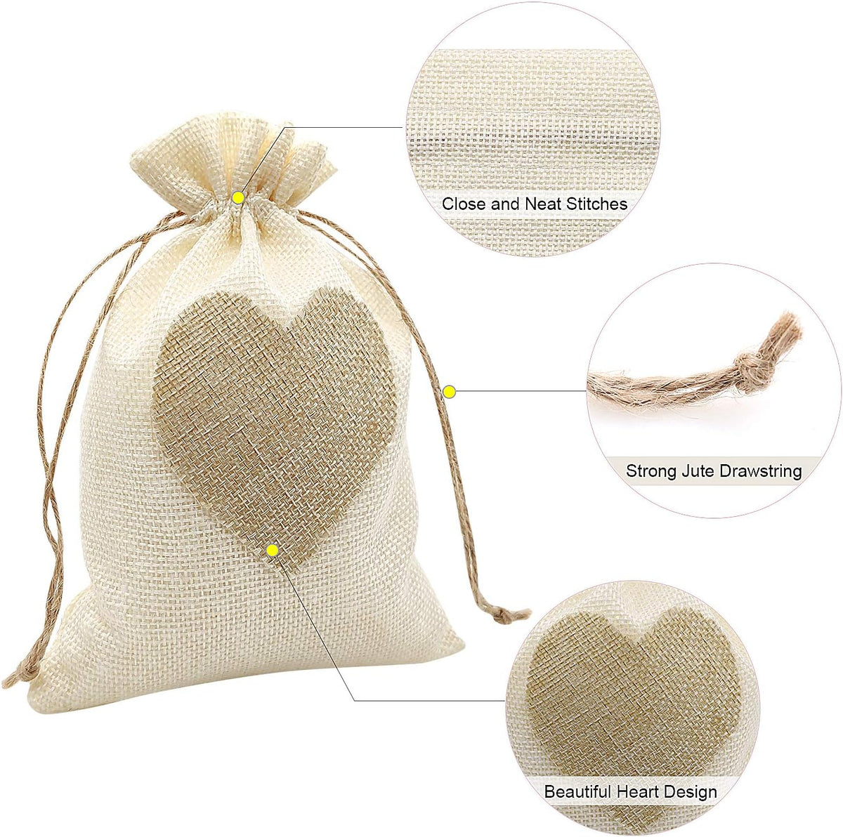 SumDirect Heart Burlap Bags with Drawstring - 36Pcs 5x7Inch Beige Small Linen Gift Pouch for