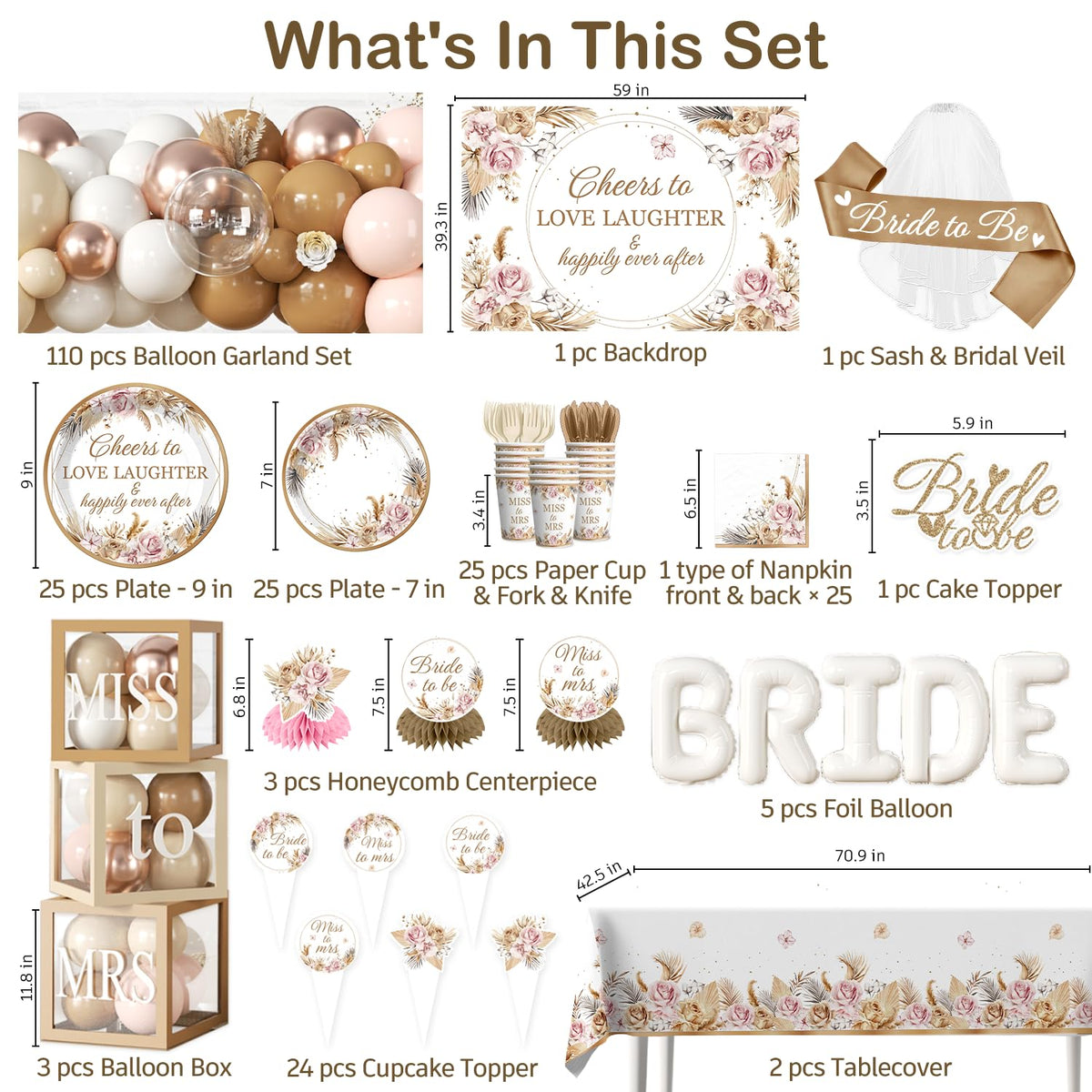 cocomigo 301pcs Boho Bridal Shower Decorations Complete Party Set 25 Guests