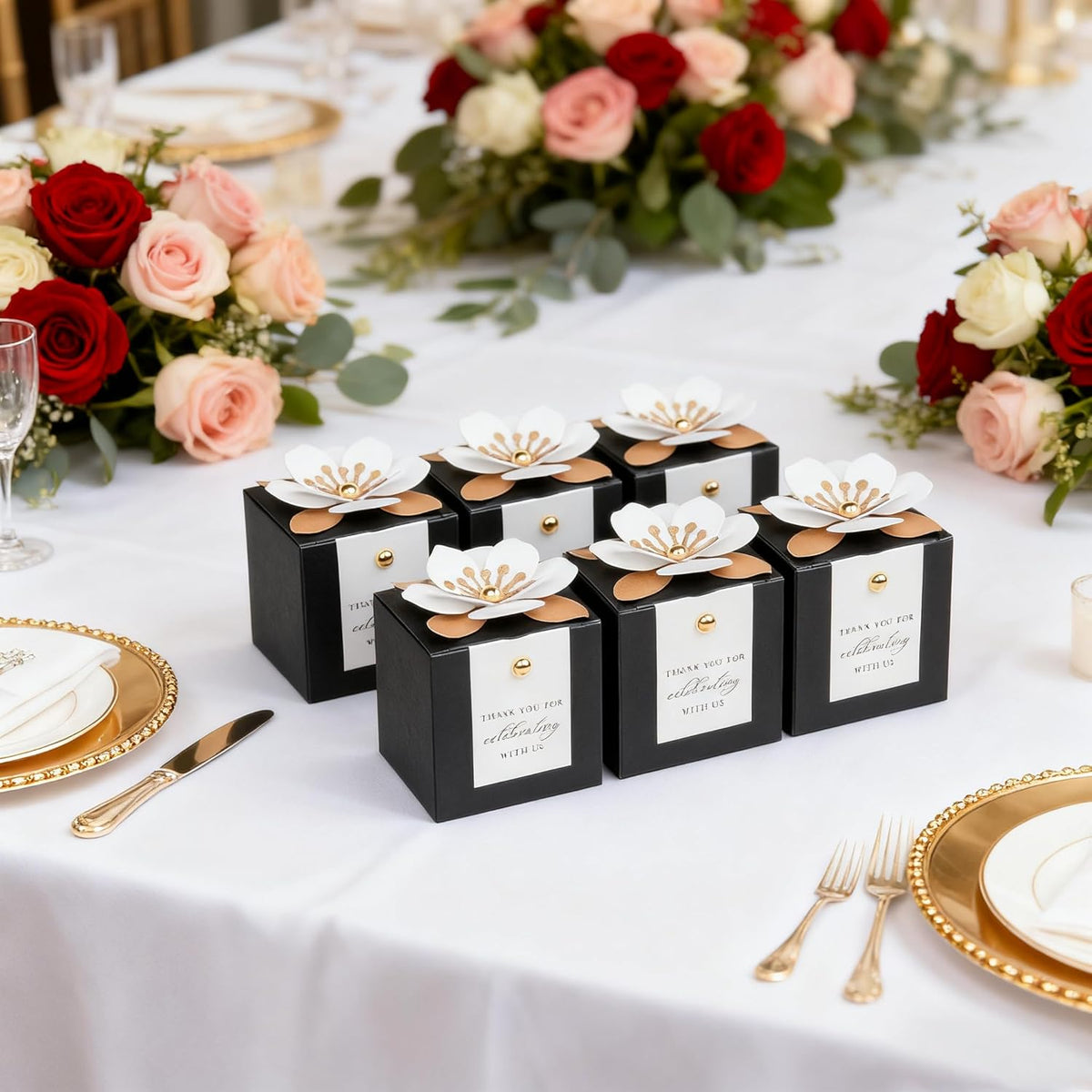 FEIYI 20 PCS Candy Boxes, 3 In 1 Black Favor Boxes with Floral Decor, White Thank You Tags Gift