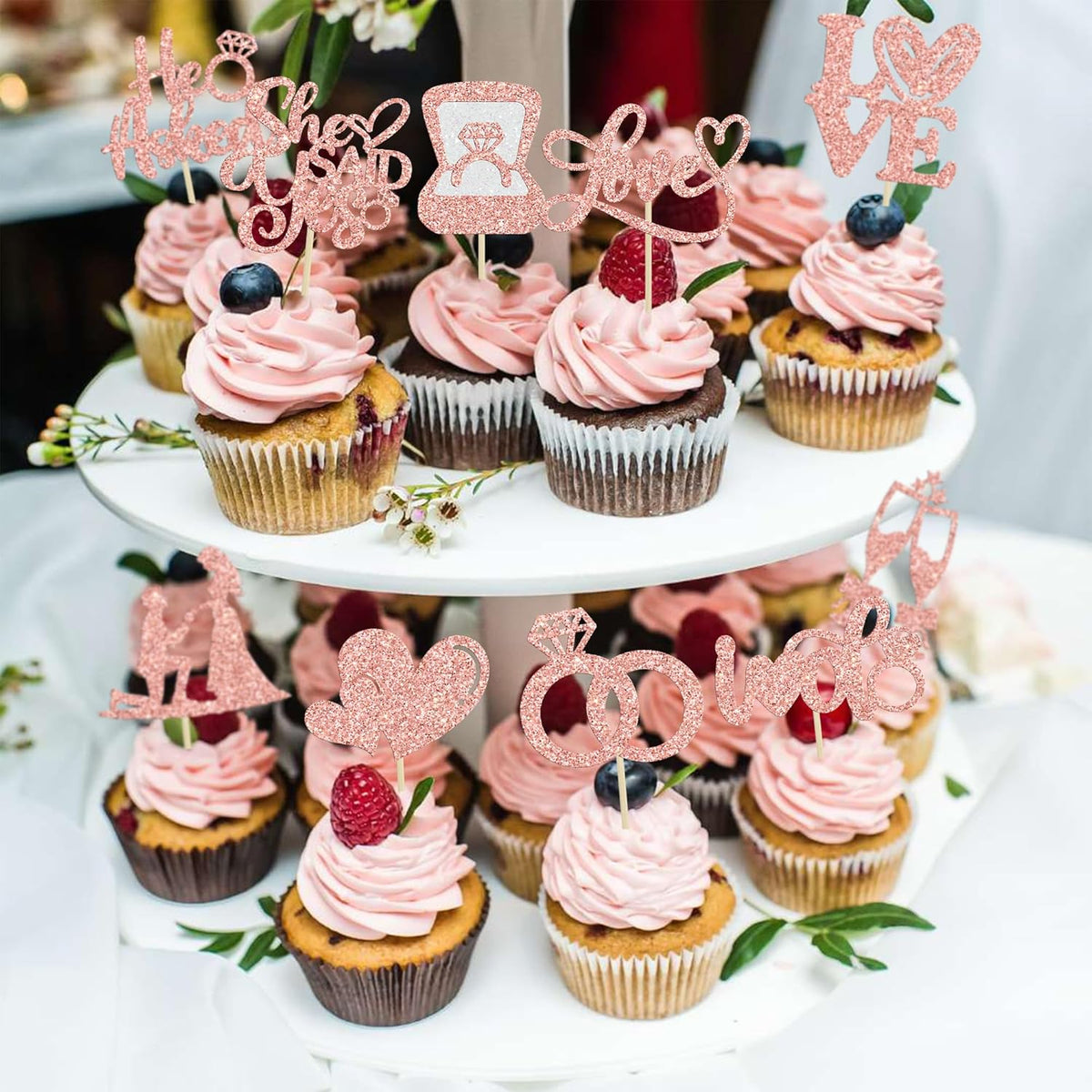 Ephlyn 30Pcs He Asked She Said Yes Cupcake Toppers Glitter Engagement Cupcake Toppers Diamond Ring
