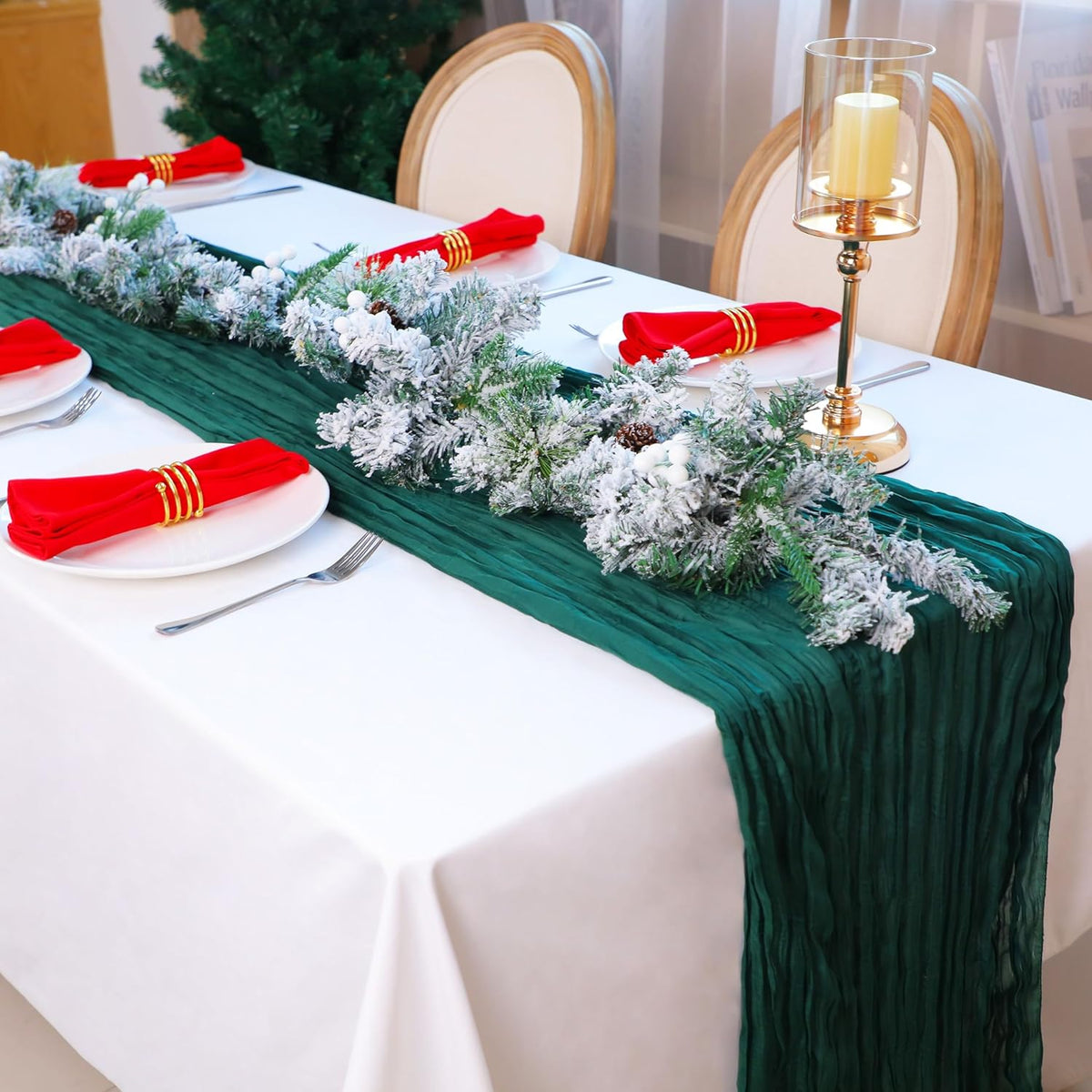 Snowkingdom 6 PCS Emerald Green Table Runner 120 Inch 10 Ft Rustic Boho Dark Green Cheese Cloth