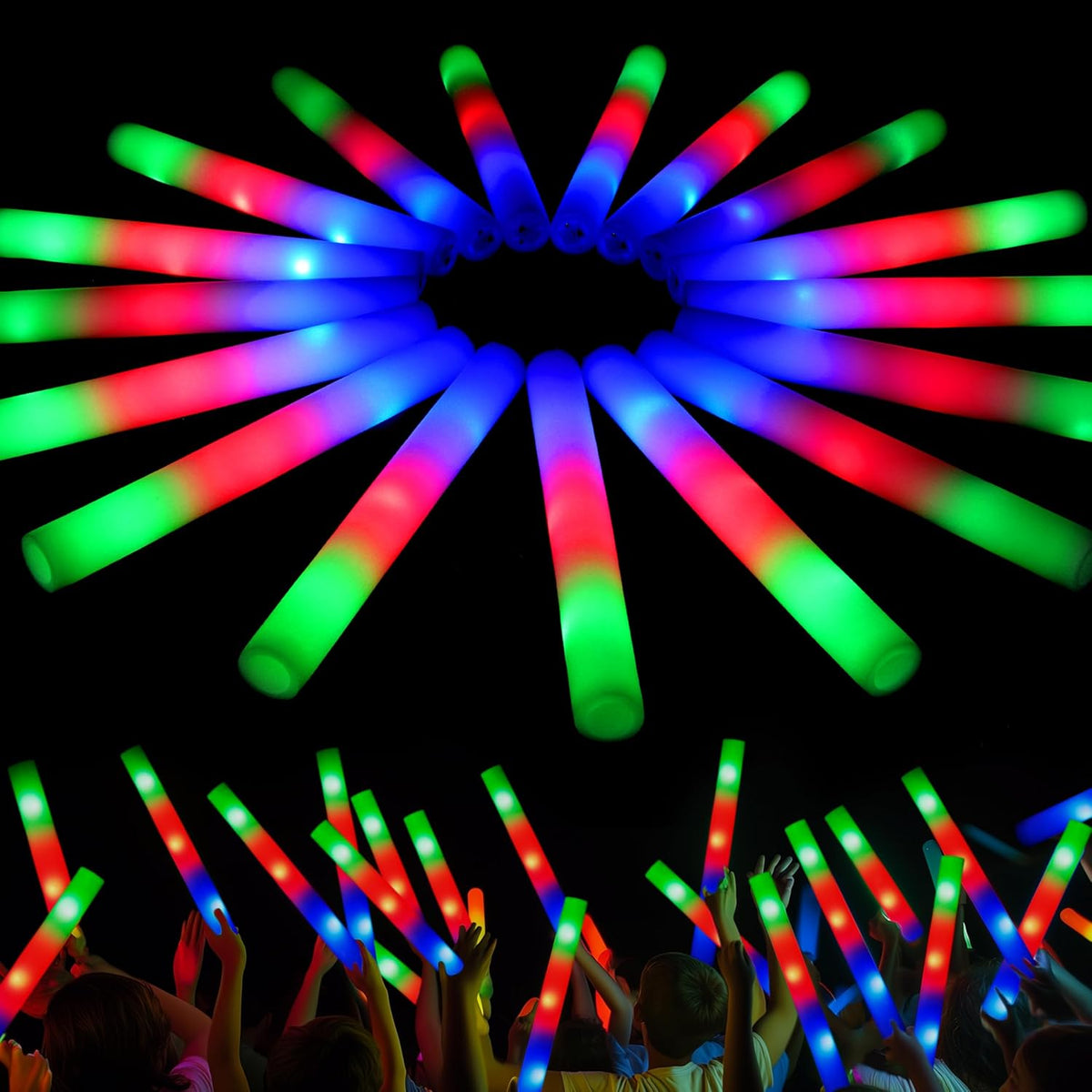JOYIN 100 PCS LED Light Up Foam Sticks, Glow Sticks Party Favors Bulk with 3 Modes Color Flashing