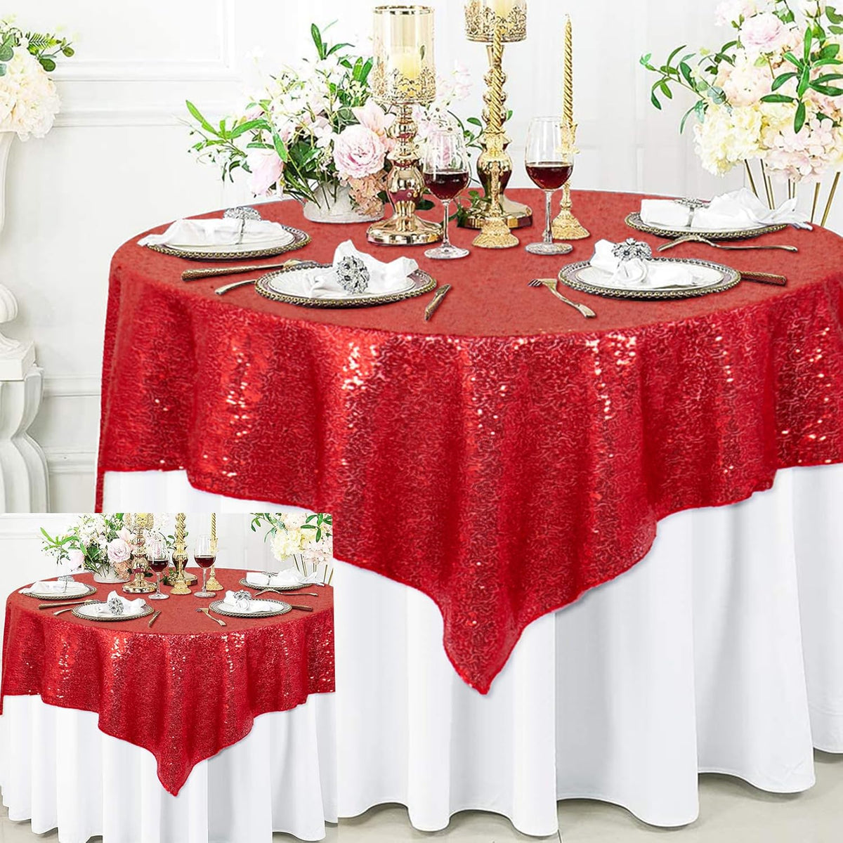 ShinyBeauty Red Table Cloths for Christmas 2 Packs, 72X72 Inch Sequin Tablecloths Square Shimmer