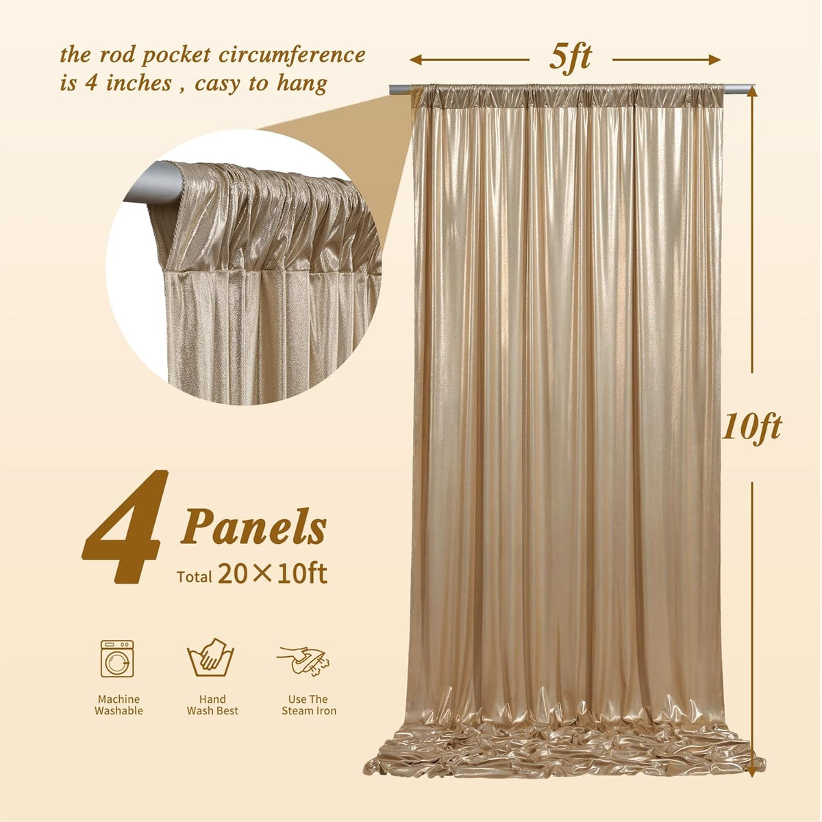 20ftx10ft Champagne Sequin Backdrop Curtain for Parties, 4 Panels Wrinkle Free Glitter Photo