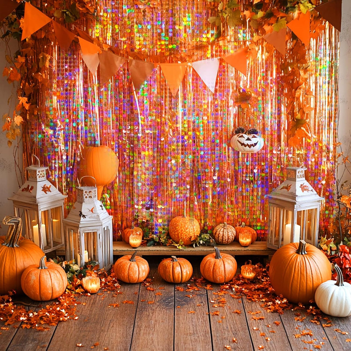 4 Packs Orange Foil Fringe Curtain, Orange Glitter Metallic Tinsel Backdrop for Birthday, Wedding