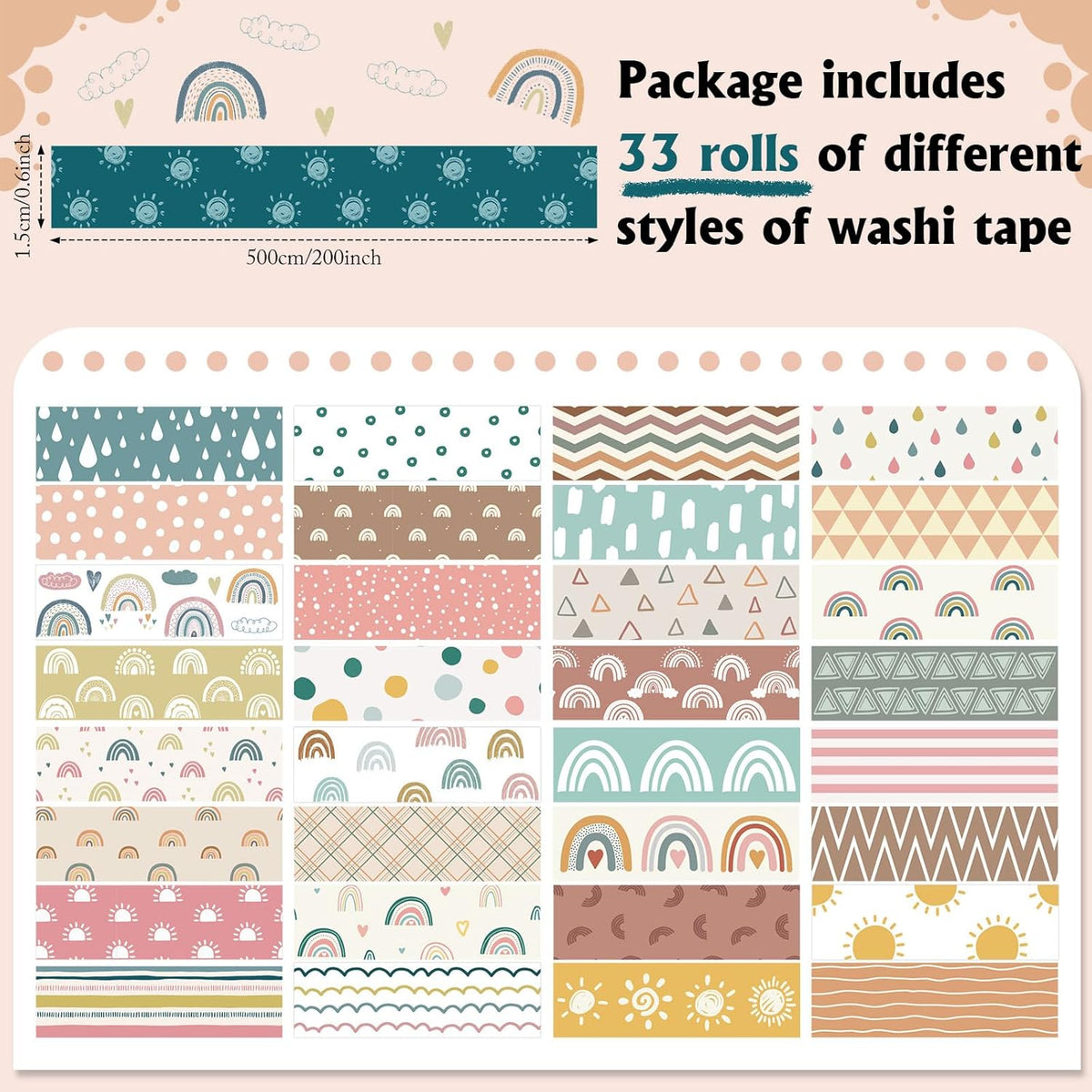 TaoBary 33 Rolls Holiday Plaid Washi Tape, 15 mm Seasonal Washi Tape Set Bohemian Colorful Vintage