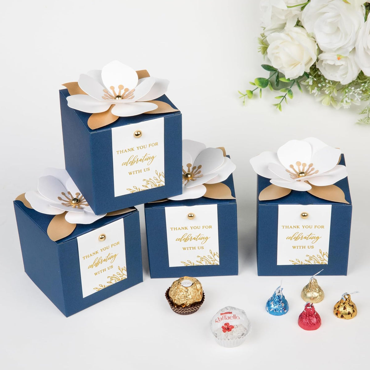 FEIYI 20 PCS Navy Blue Gift Boxes, 3 In 1 Favor Boxes with Floral Decor, White Thank You Tags