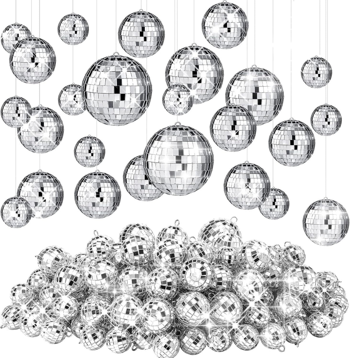 Funtery 100 Pcs Mirror Disco Balls Bulk Assorted Silver Hanging Disco Ball Decor for Home Wedding