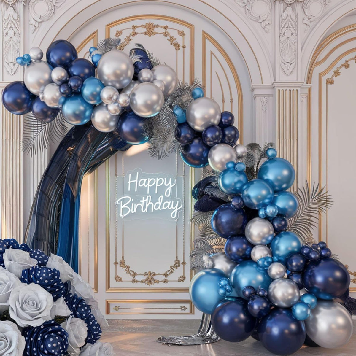 Blue and Silver Balloons, 12 Inch Navy Blue Balloons, Pearl Blue Metallic Silver Confetti Balloon