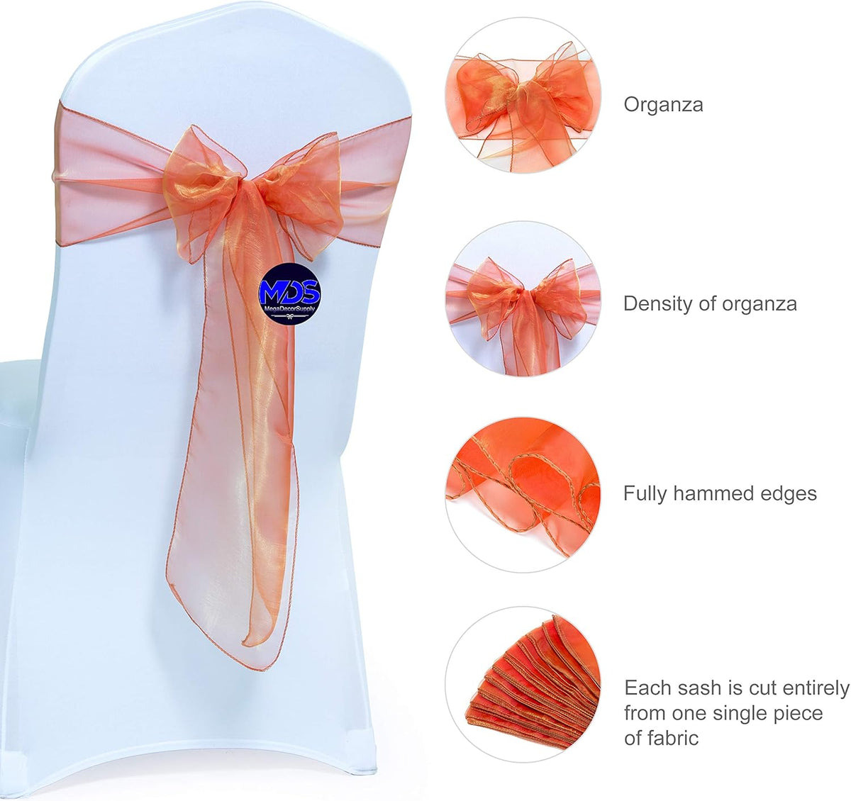 MDS Pack of 200 PCS Organza Chair Sashes Wider Dining Chair Bows Ribbon Tie Back for Wedding Party