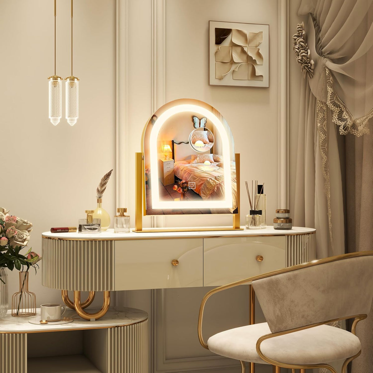 Lighted Makeup Mirror with 3-Color Dimmable Lighting, with Removable 10x Magnifier, Smart Touch