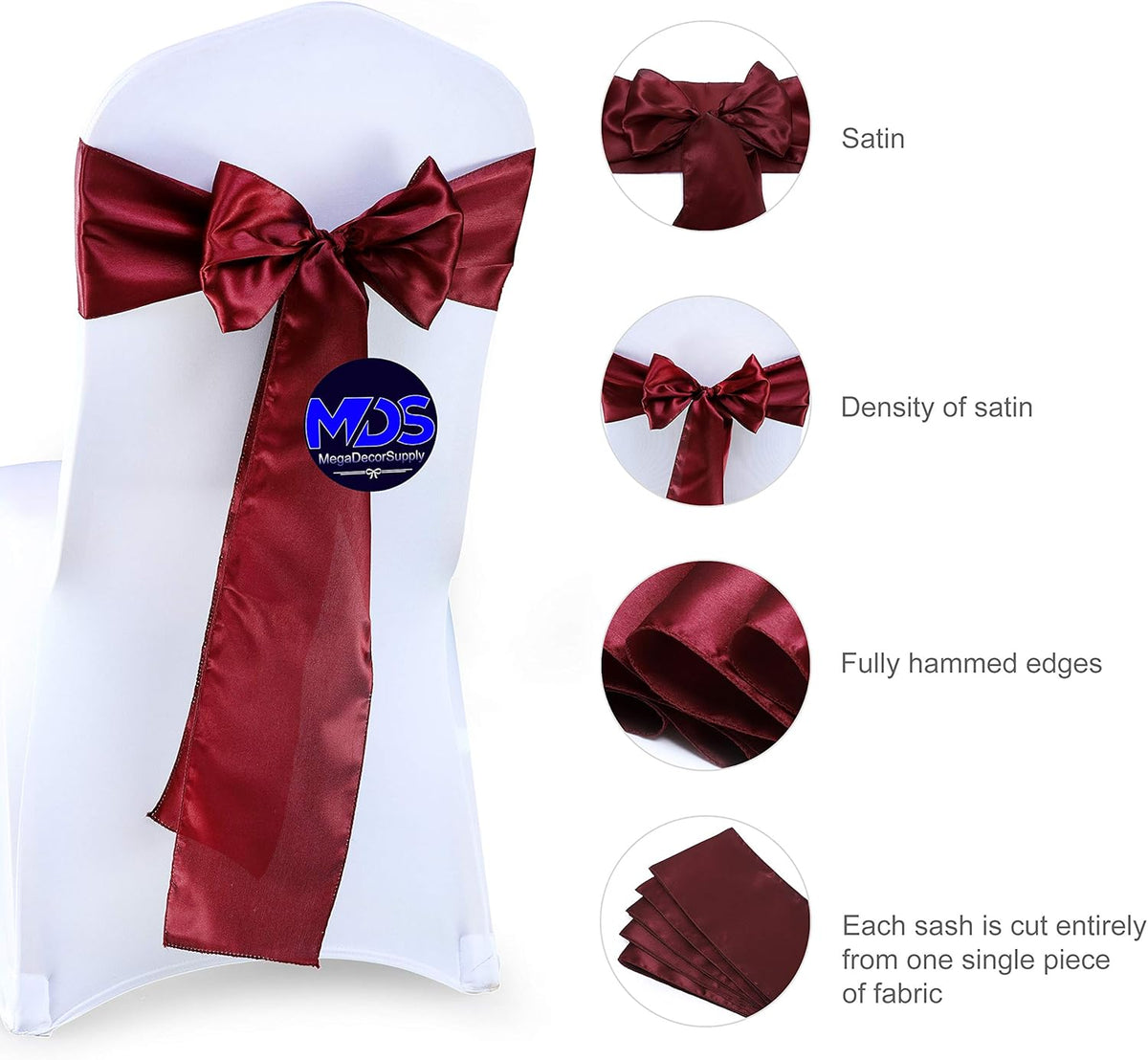 MDS Pack of 50 PCS Satin Chair Sashes Charmeuse Sateen Dining Chair Bows Ribbon Ties Back Sash for