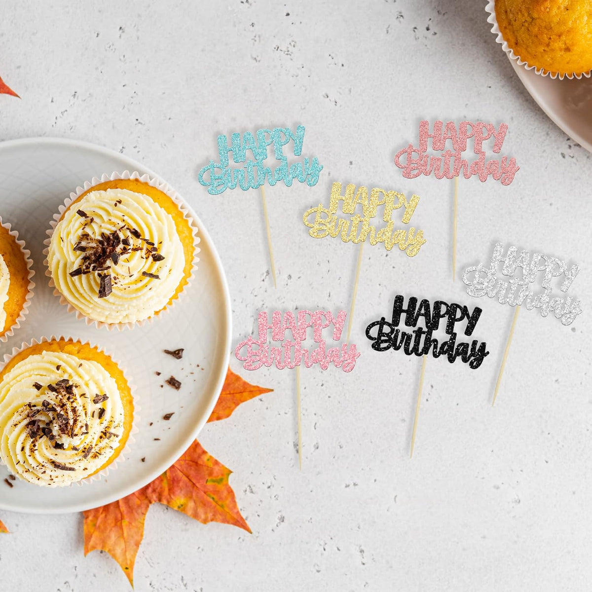 Gyufise 24Pcs Happy Birthday Cupcake Toppers Glitter Birthday Cupcake Food Picks for Celebrating