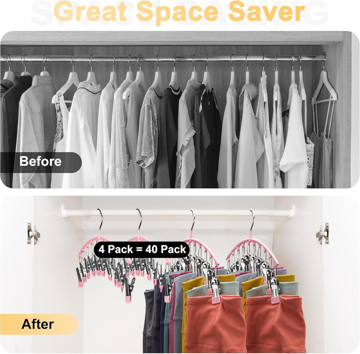Legging Organizer for Closet, Metal Yoga Pants Hangers 4 Pack w/10 Clips Holds 40 Leggings, Space