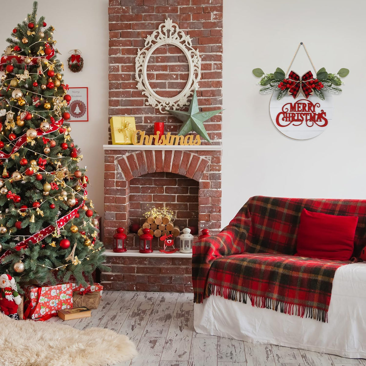 CHDITB Cute Merry Christmas Wooden Front Door Wreath(11.4”x11.4”), Farmhouse 3D Christmas Decor
