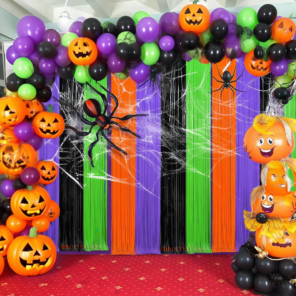 4 Packs Halloween Foil Fringe Curtain, Orange Black Purple and Green Metallic Tinsel Backdrop for