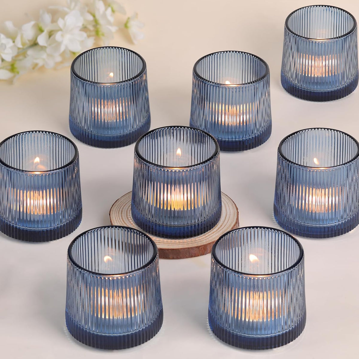 DARJEN Blue Ribbed Tealight Votive Candle Holders Set of 10- Votive Candle Holders for Table