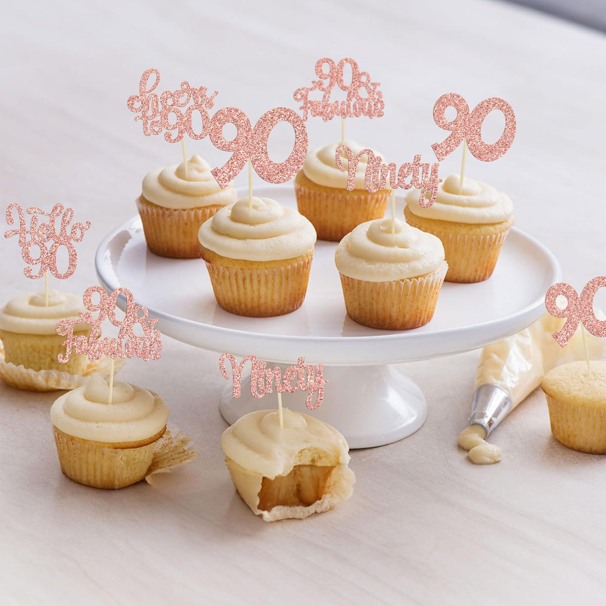 Gyufise 30pcs Happy 90th Birthday Cupcake Toppers - Rose Gold Glitter Ninety Cheers to 90 Years Old