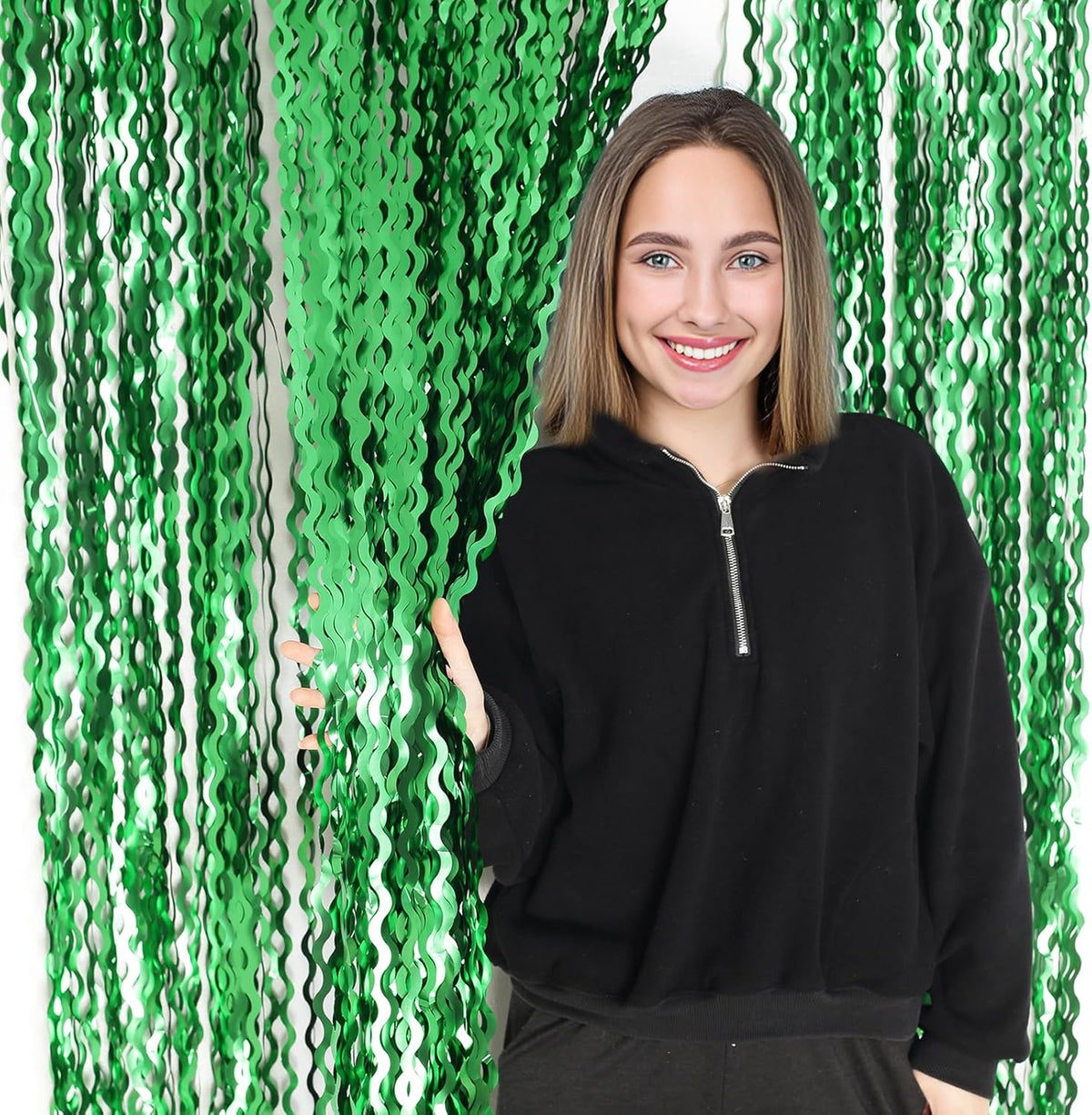4Pcs Wavy Green Fringe Backdrop -3.3x6.6ft Green Streamer Foil Curtains for Jungle Party