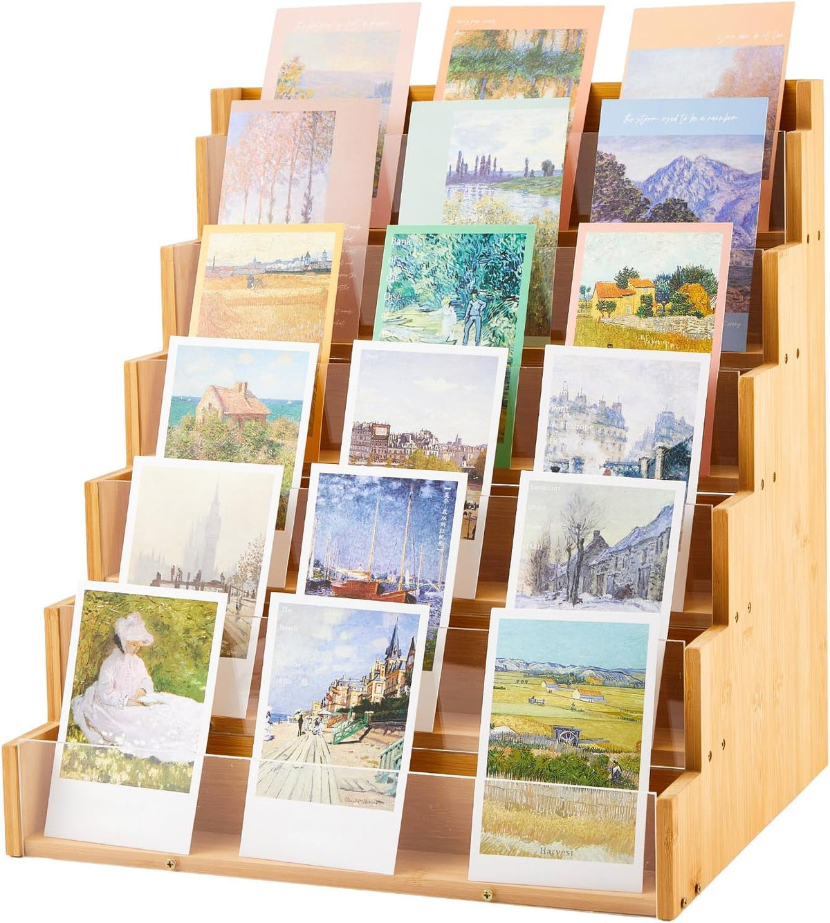 6 Tier Greeting Card Display Stand Wood Color Bamboo and Acrylic Sticker Display Stand Trading Card