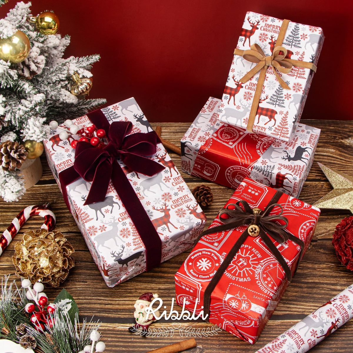 Ribbli Christmas Wrapping Paper Reversible Vintage Reindeer and Christmas Stamp Gift Wrapping Paper