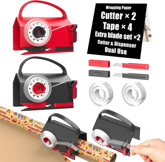 (2-Pack) Wrapping Paper Cutter & Tape Dispenser Dual Use with 4 Tapes，2 Replace Blades Kit for