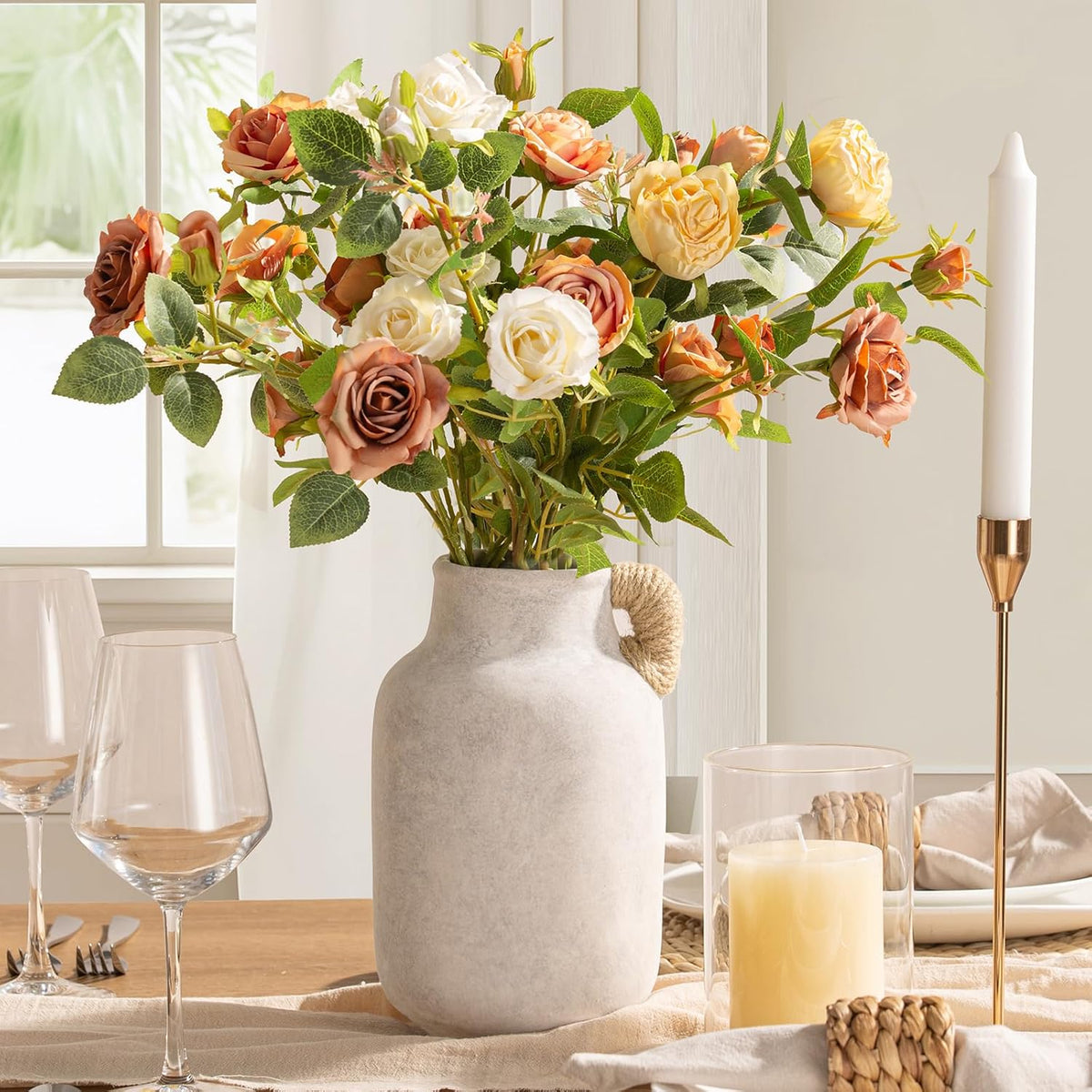 Ceramic Flower Vase Home Decor - 9.7 inch Large White Rustic Table Flowers Vases Living Room