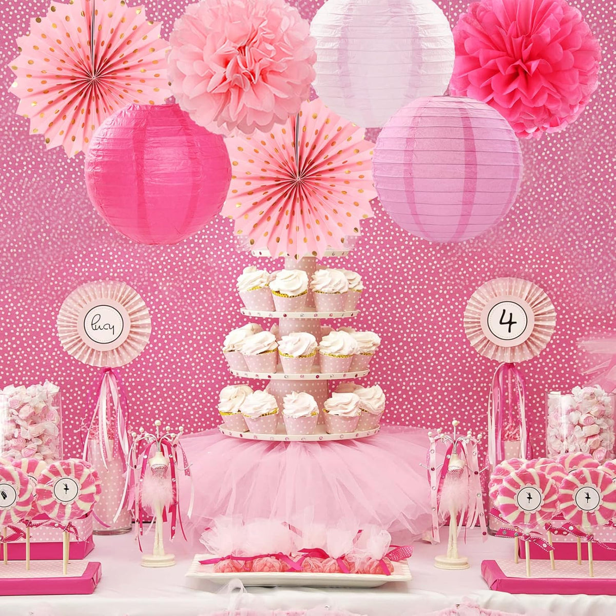 Rose Hot-Pink Party Decorations Streamers - 14pcs Girl Birthday Baby Shower Paper Lanterns