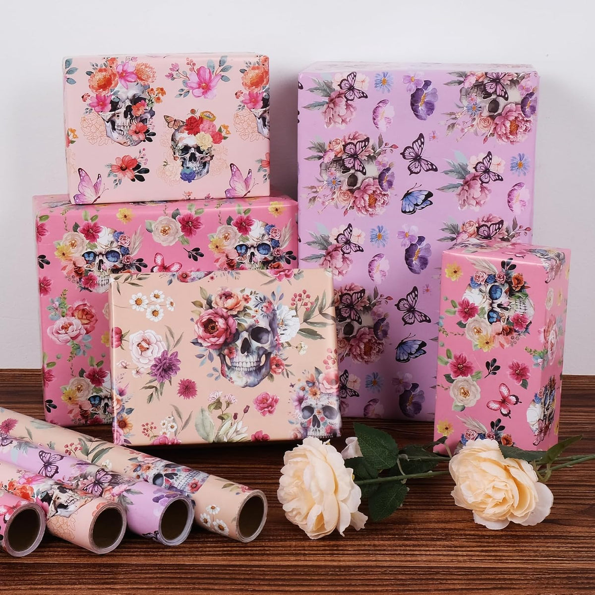 Aimyoo Gothic Wrapping Paper Rolls, 17 Inch X 10 Feet - 4 Rolls - Skull Floral Butterfly Design