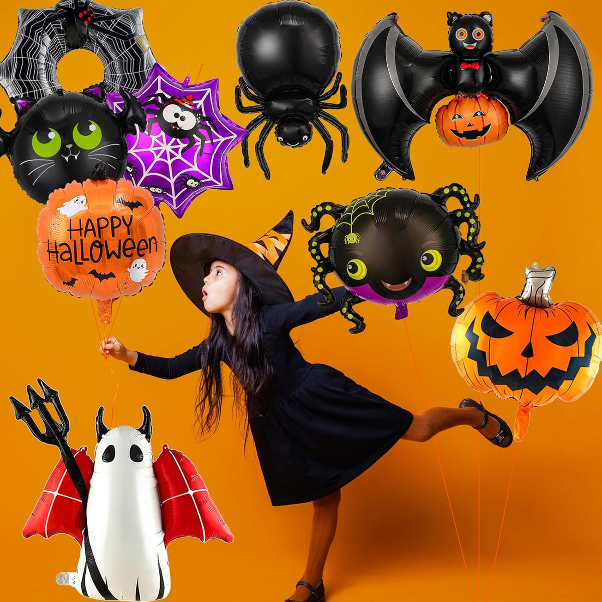 Halloween Balloons Set - 9Pcs Foil Ghost, Spider, Pumpkin & Bat Balloons for Scary Party