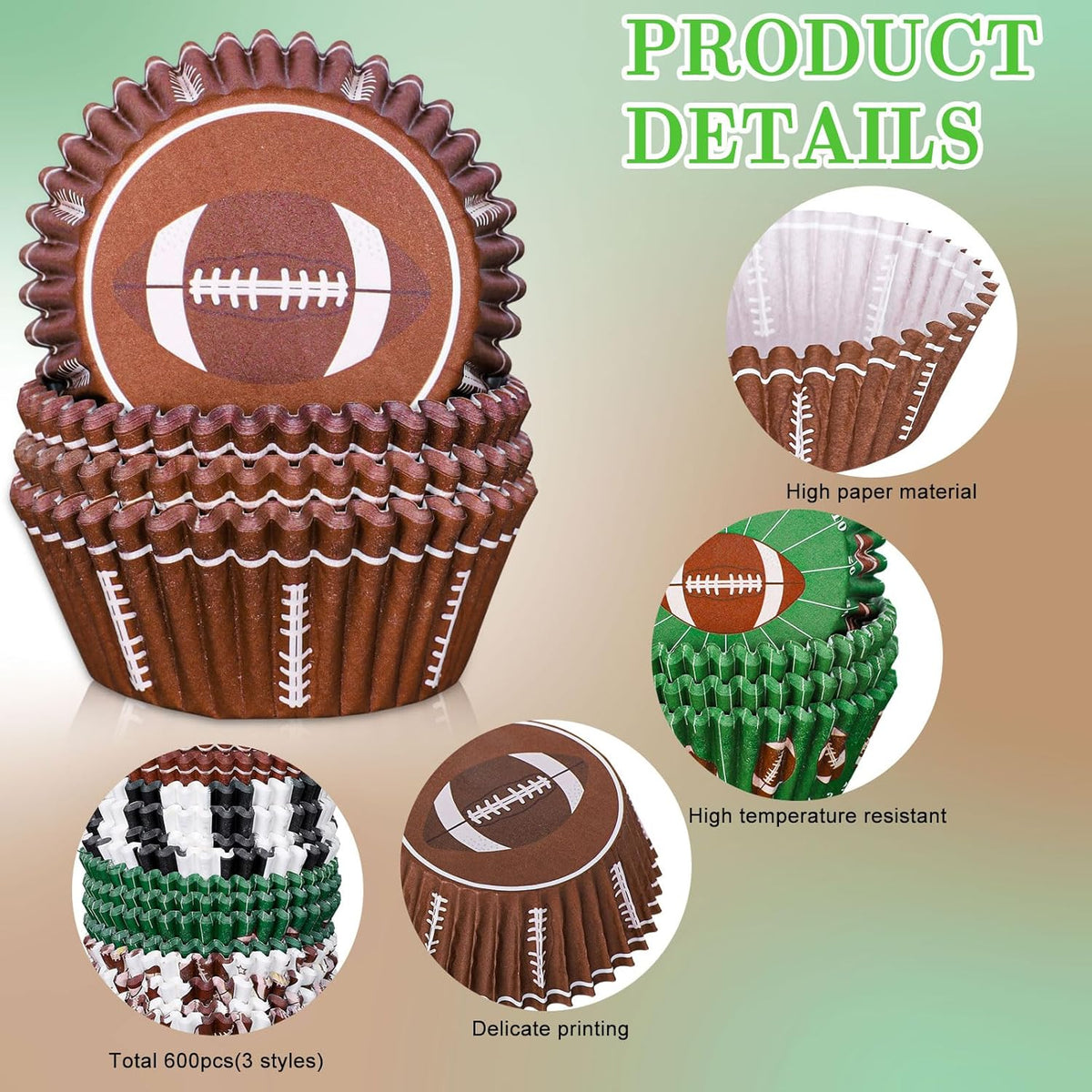 Whaline 600Pcs Football Cupcake Liners 6 Styles Rugby Cupcake Wrappers Baking Cups Holders Sports