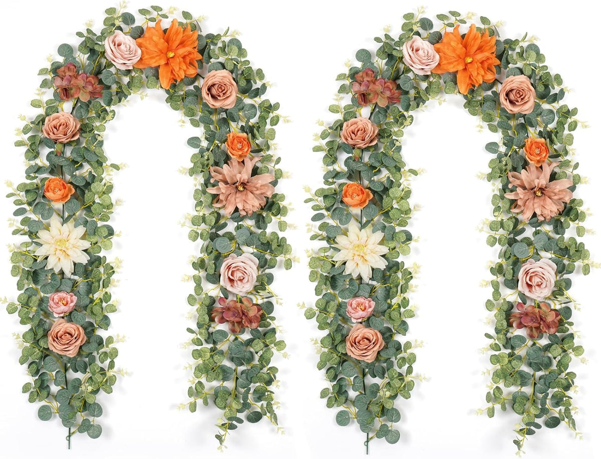 Waipfaru 2Pcs Fall Garland Decor, 6.07Ft Eucalyptus Flower for Table, Fall Floral With Terracotta