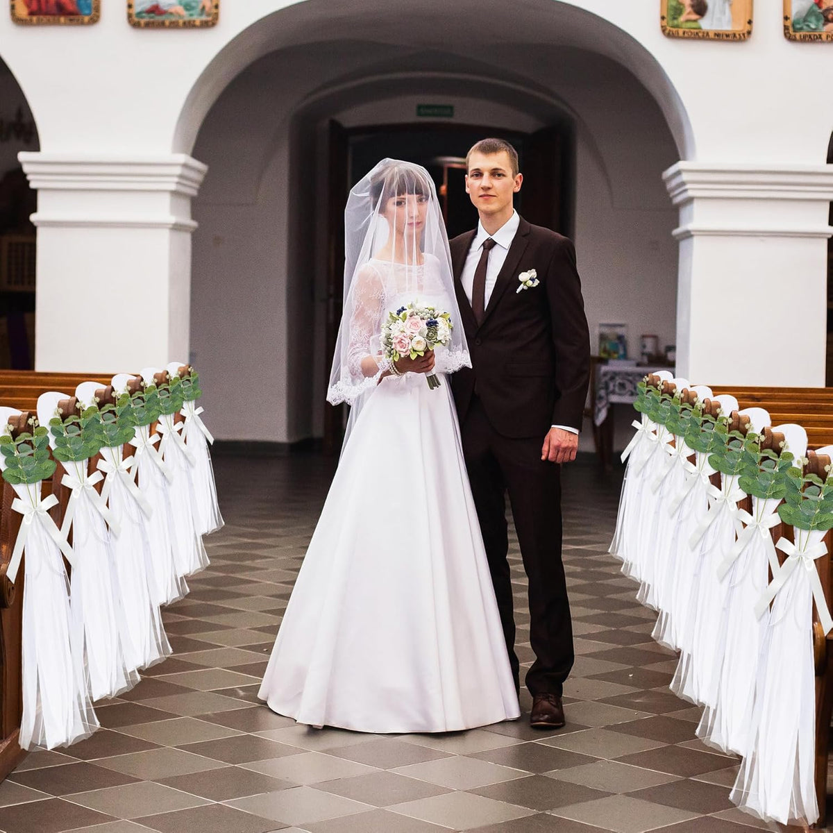 26 Sets of Wedding Aisle Decorations, White Tulle Chair Sashes with Bow Ribbons and Artificial