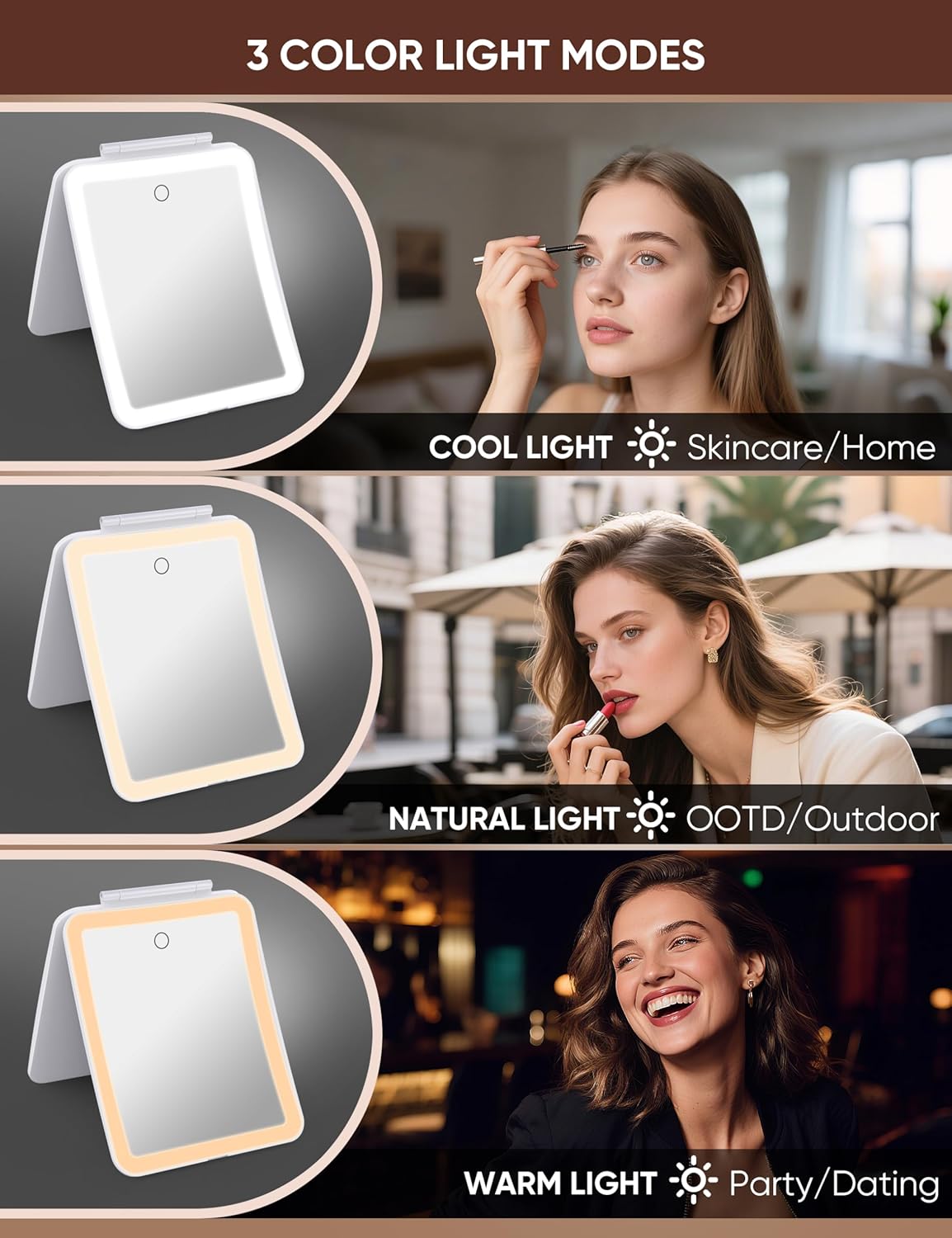 1X/10X Magnifying Makeup Mirror with 3 Colored Lights and Touch Control, 2700mAh Rechargeable LED