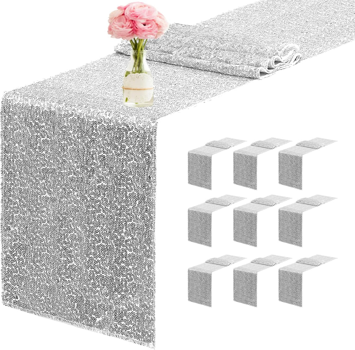 10 Packs 12 x 72 inches Sequin Table Runner, Silver Glitter Table Runner for Birthday Party