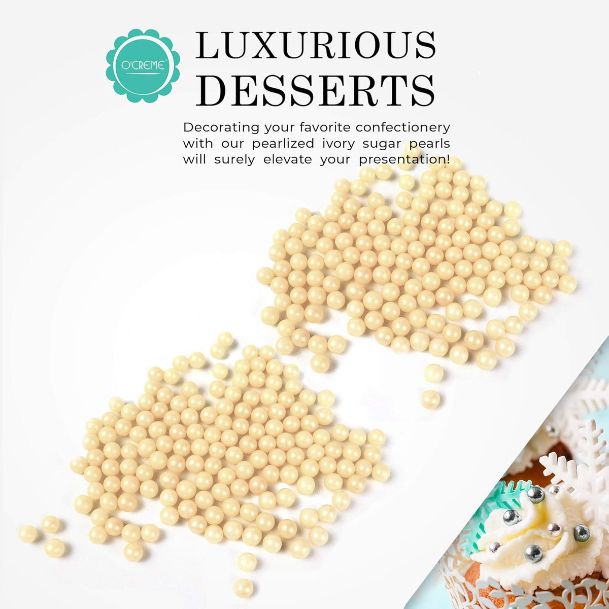 O'Creme Ivory Edible Sugar Pearls Cake Decorating Supplies for Bakers: Cookie, Cupcake & Icing