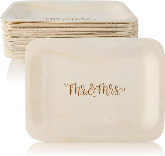 Mr. and Mrs. Disposable Wedding Plates – Rustic, Compostable Alternative to Plastic Plates for