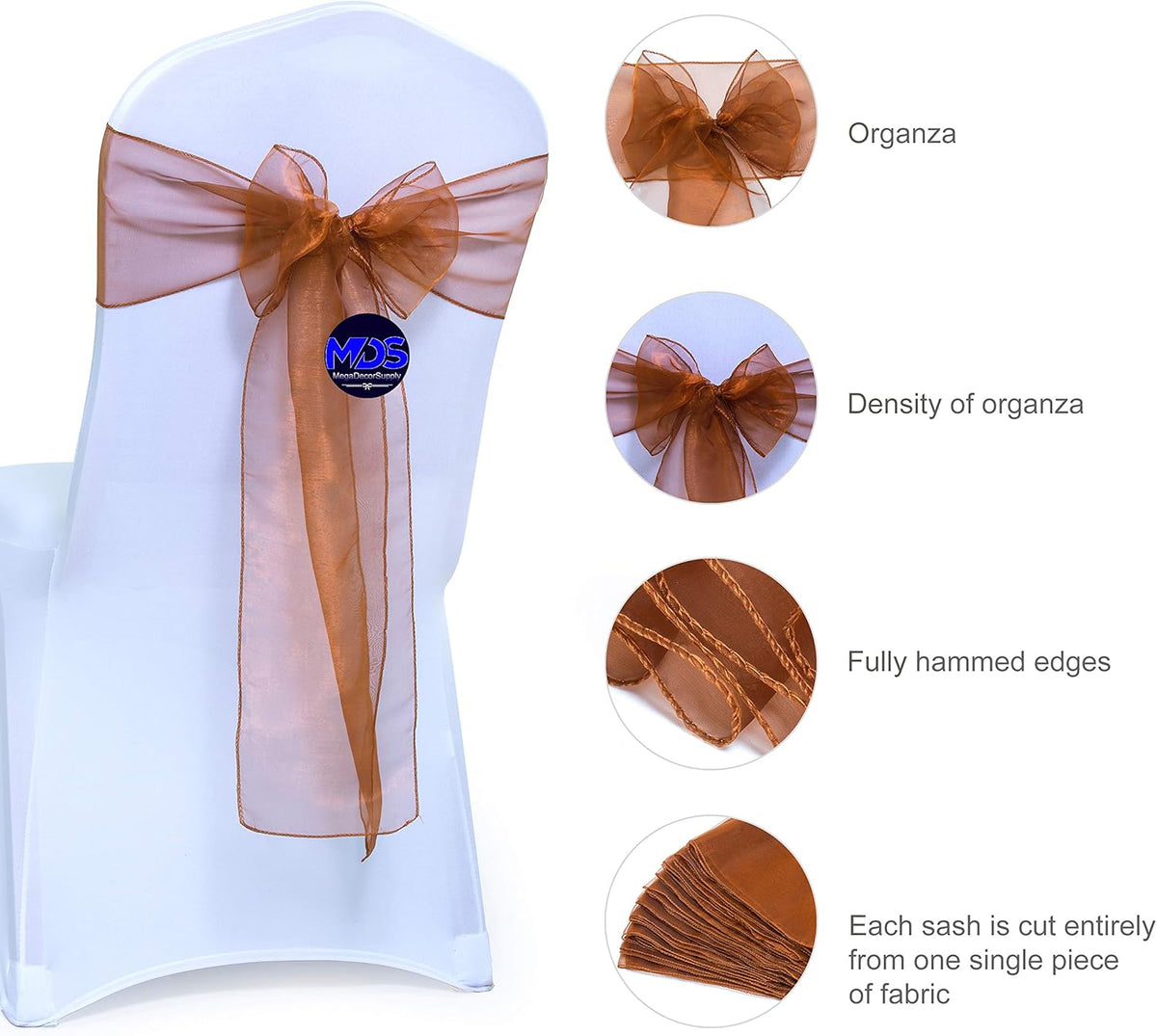 MDS Pack of 150 PCS Organza Chair Sashes Wider Dining Chair Bows Ribbon Tie Back for Wedding Party