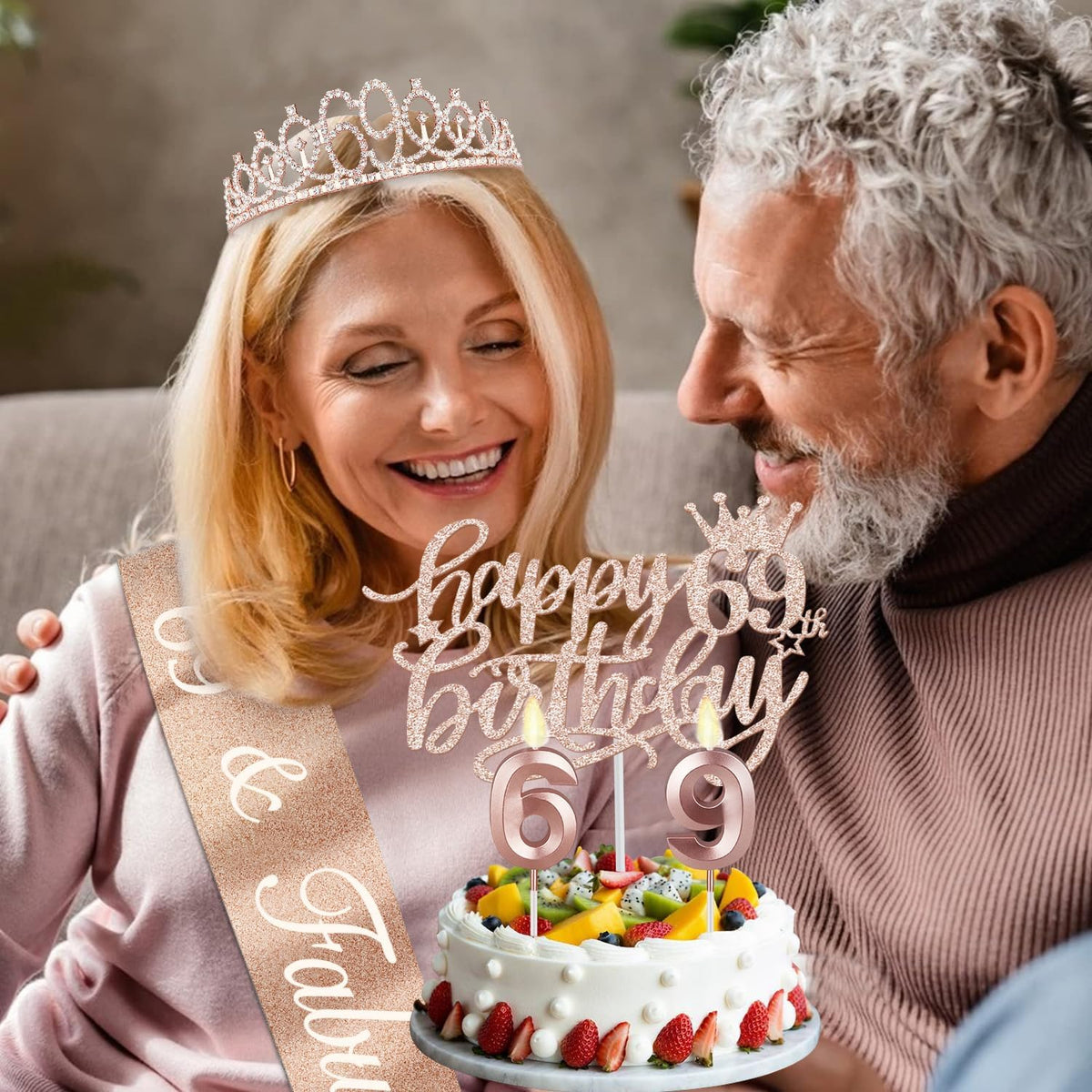 69th Birthday Decorations for Women, Including Birthday Sash, Crown/Tiara, Candles, Cake Topper, 69