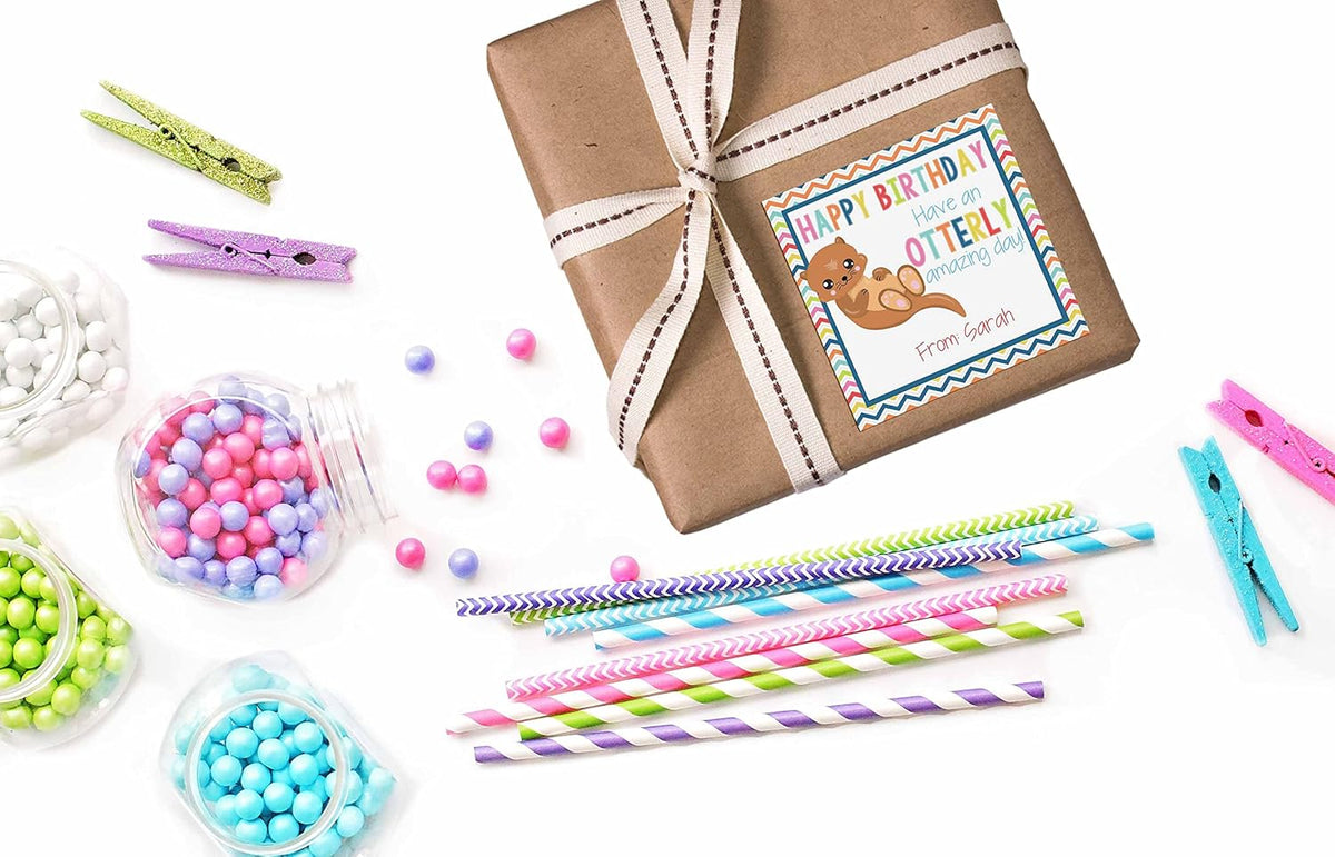 Custom & Personalized Adorable Otter Otterly Amazing Happy Birthday Gift Tag Sticker Labels, 24