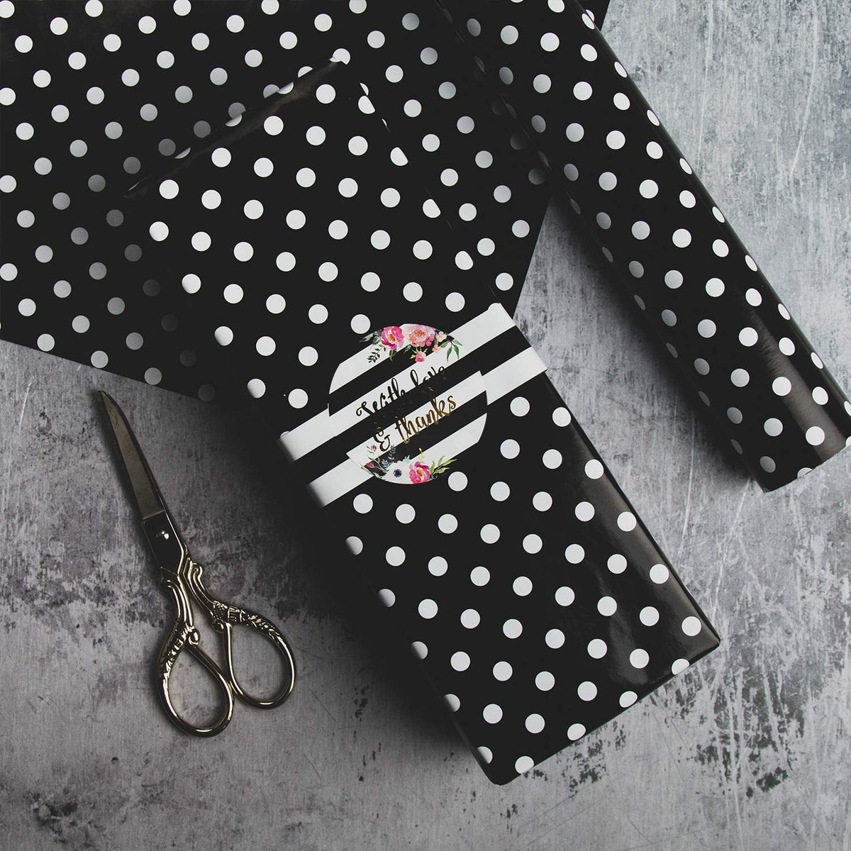 WRAPAHOLIC Reversible Wrapping Paper - Mini Roll - 17 Inch X 33 Feet - Black and Polka Dot Design