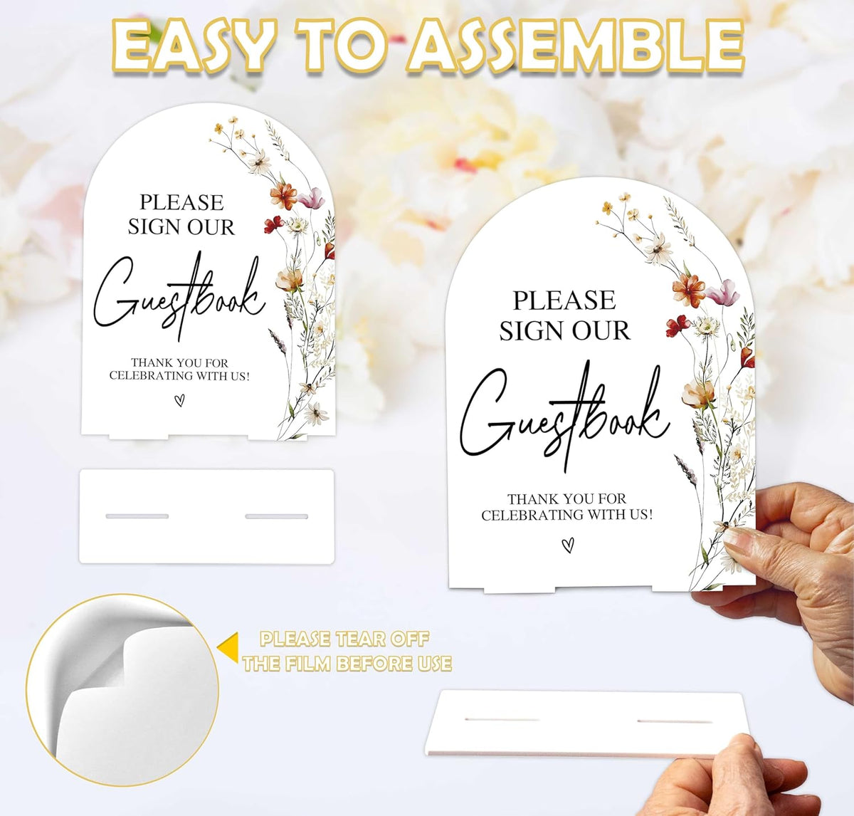 Boho Floral Please Sign Our Guestbook Sign, 6 x 8 Inch White Arch Acrylic Wedding Sign with Holder