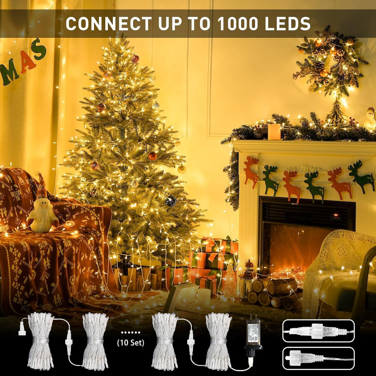 JMEXSUSS Connectable Warm White Christmas Lights Indoor Outdoor, 91.5ft 250 LED Christmas String