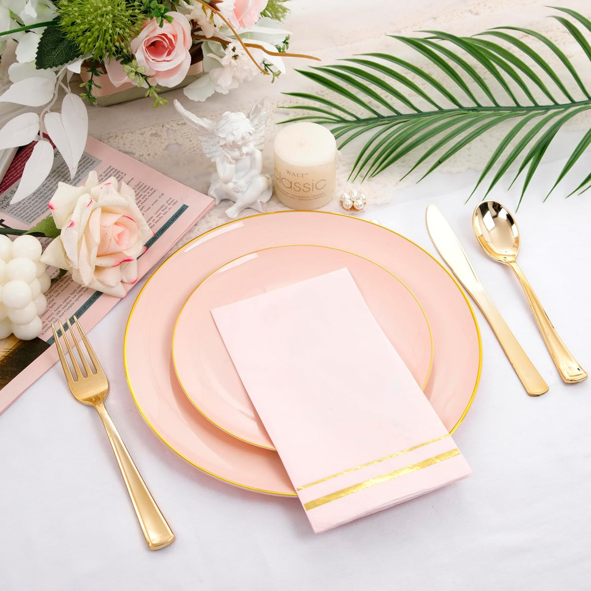 NOCCUR 350PCS Pink and Gold Plastic Plates - Pink Disposable Plastic Dinnerware Set for 50 Guests
