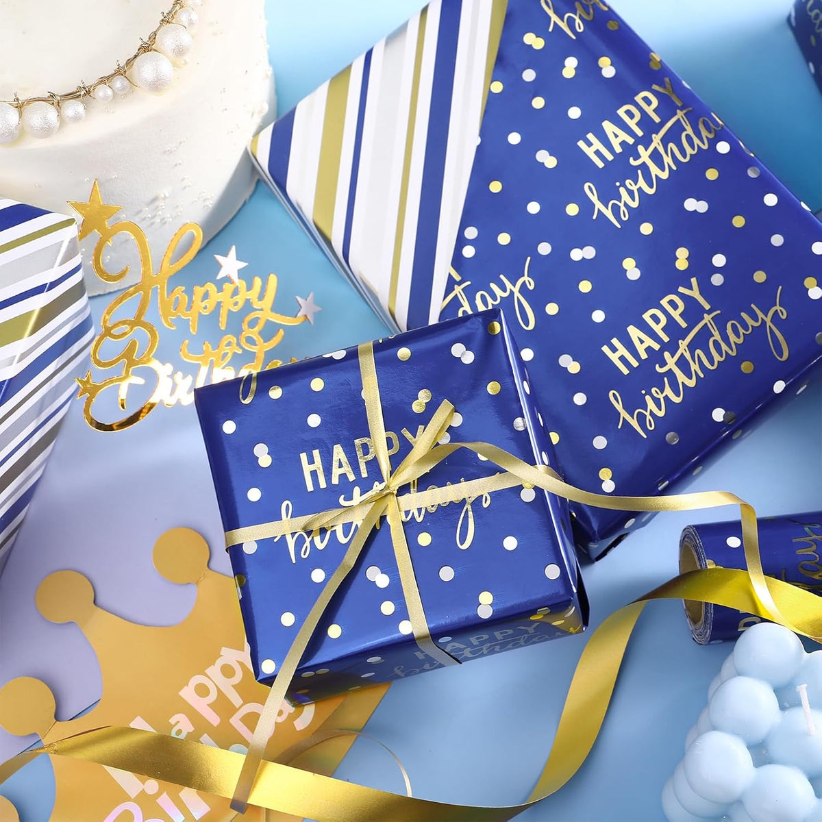 LeZakaa Reversible Blue Birthday Wrapping Paper Roll for Boys Men, Happy Birthday Lettering &