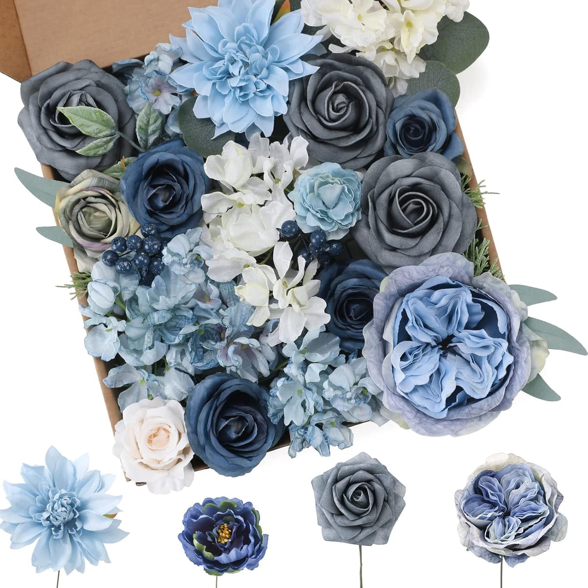Floweroyal Artificial Flowers Combo Dusty Blue Flowers Mix Silk Flowers Dahlia Roses with Stems for