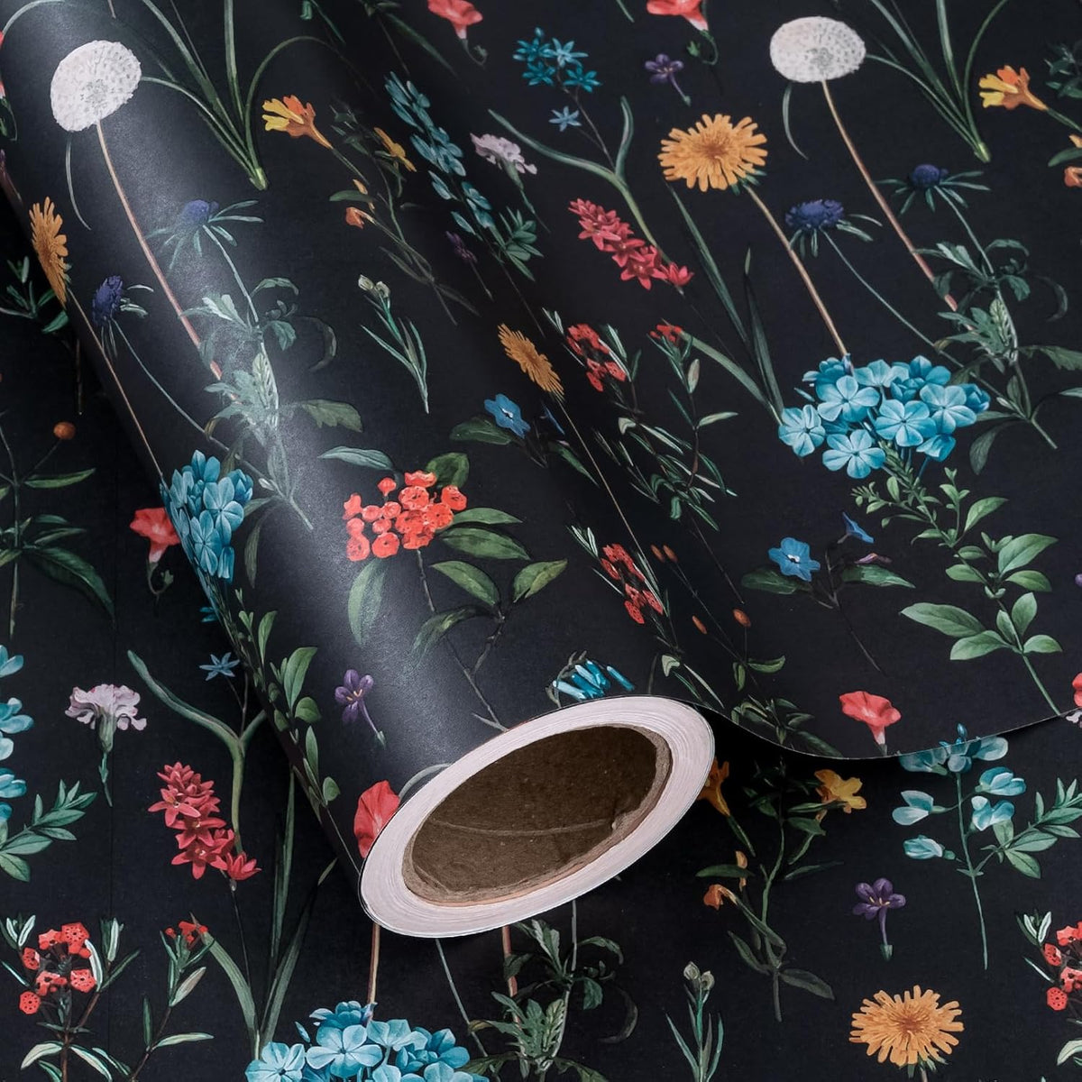 WRAPAHOLIC Kraft Wildflower Wrapping Paper - Mini Roll - 17 Inch x 16.5 Feet - Black Floral