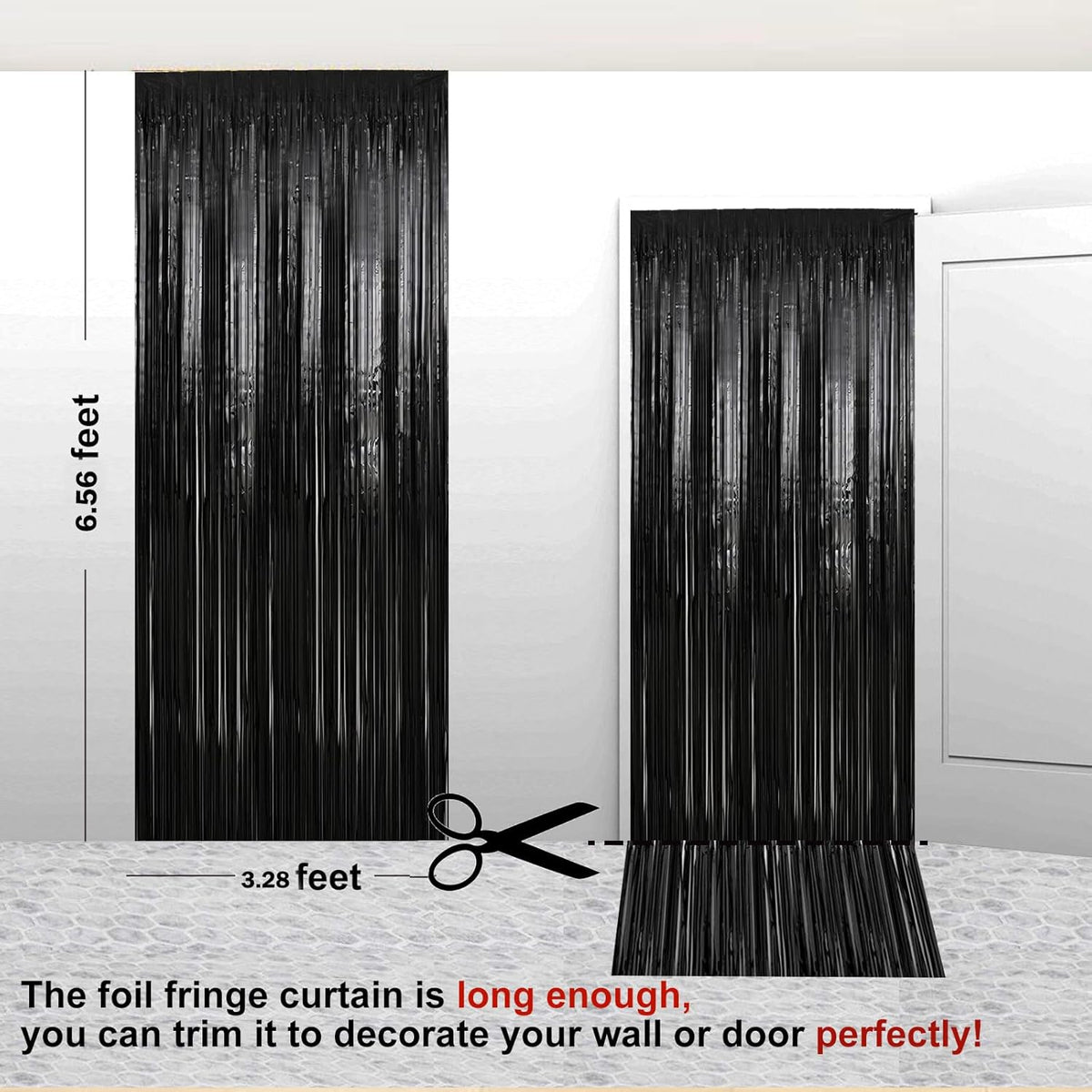 2 Pack 3.28 ft x 6.56 ft Black Tinsel Curtain Party Backdrop Decorations, Metallic Foil Fringe
