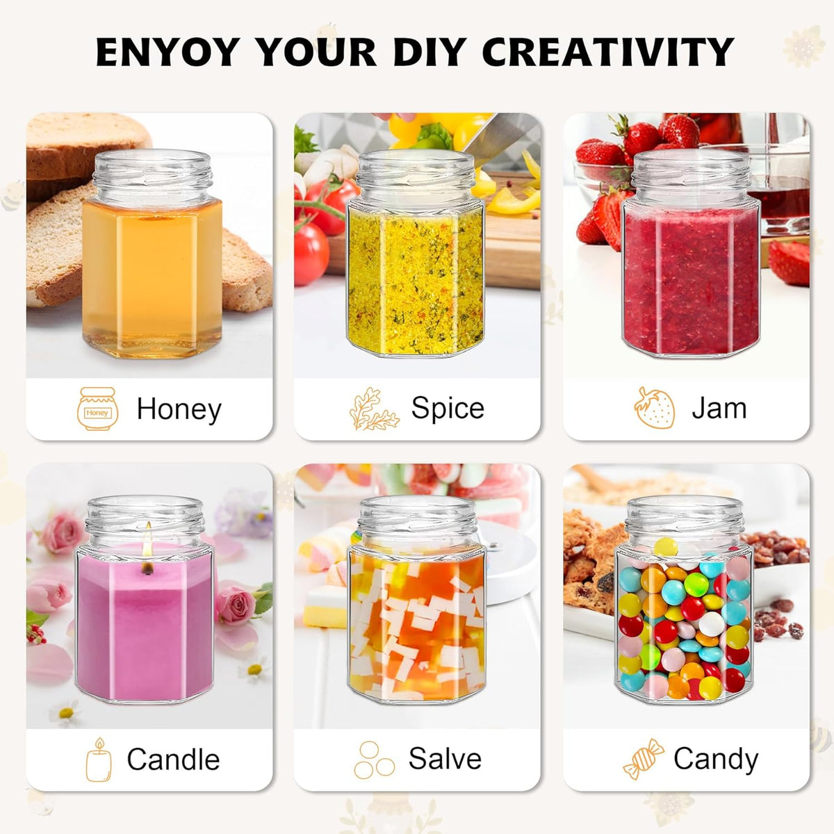 35 Pack 4 oz Mini Hexagon Glass Honey Jars with Dippers, Gold Lids, Bee Stickers, Bee Charms, Gift